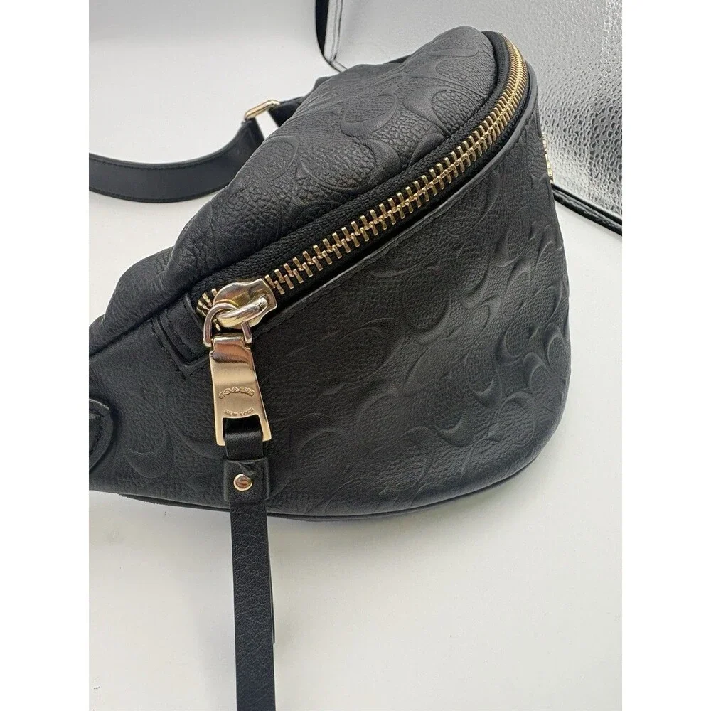 COACH Signature Leather Waist Bag Unisex Black Crossbody Belt Bag Rare Authenti